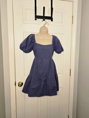 Women's Puff Sleeve Tiered Mini Babydoll Chambray Backless Dress Size Medium